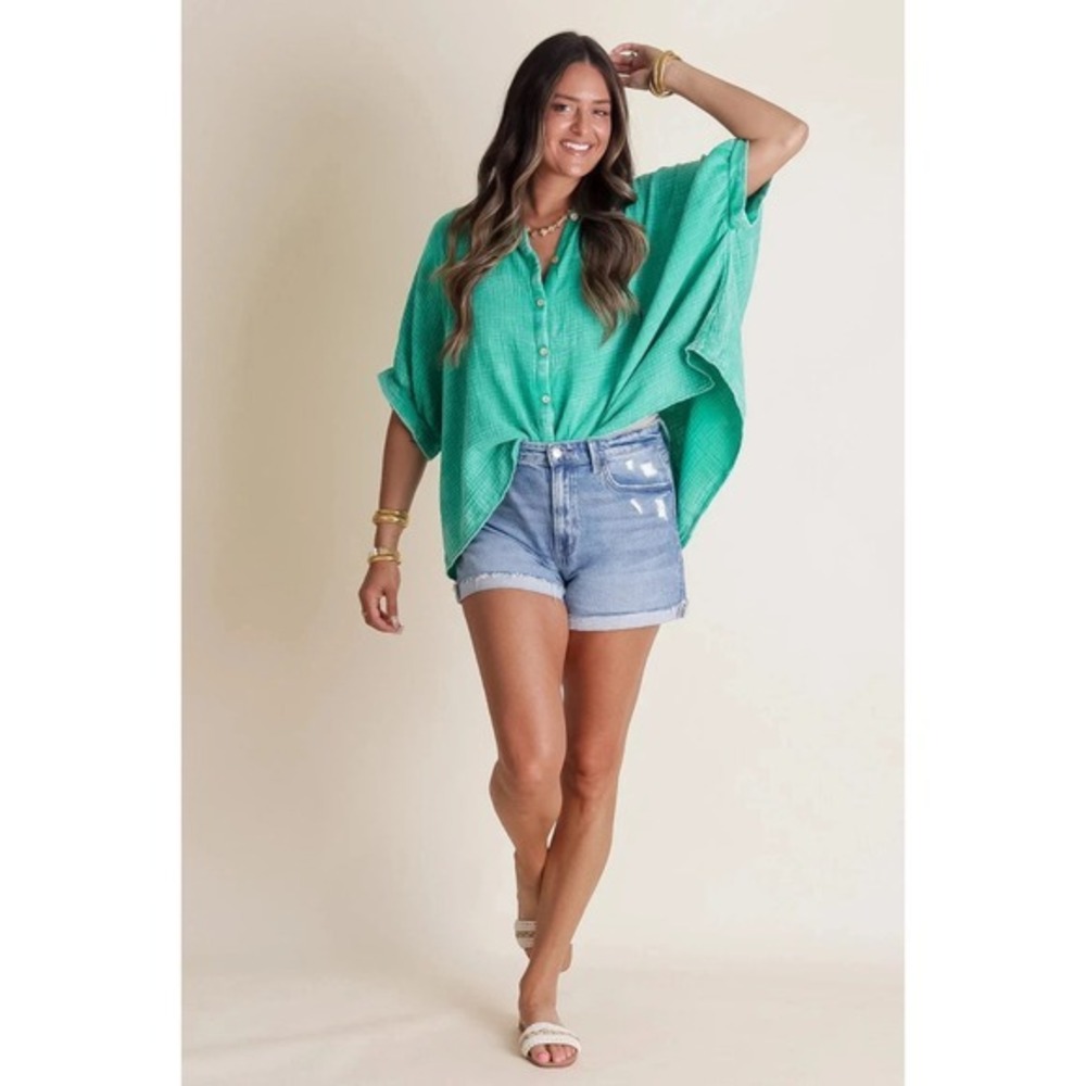 ZENANA Green Cotton Gauze Button Down Oversized Shirt Top QTW-1389A S/M